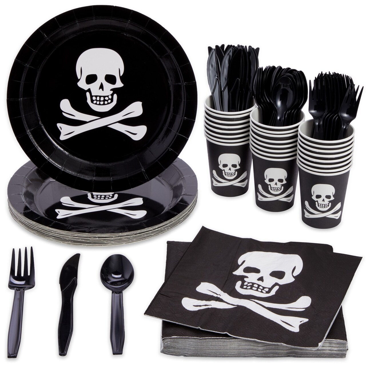 Juvale 144 Piece Skull Birthday Party Supplies - Serves 24 Disposable Pirate Plates, Napkins, Cups, And Cutlery, Skeleton Party Decorations for Birthdays & Halloween Parties